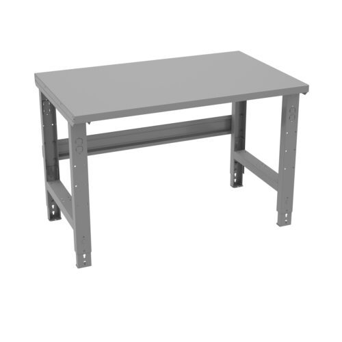 cfmxzyfjmbfvwlkel4ll.jpg A simple, gray metal workbench with a flat rectangular top and sturdy legs. It features crossbars connecting the legs for added stability. The design is minimalist and industrial, suitable for workshops or garage use.