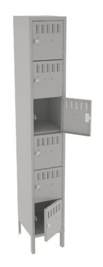 A gray metal locker with a tall, narrow frame featuring six compartments. Two doors are open, revealing empty interior spaces. Each compartment has ventilation slits and a circular lock mechanism. The locker stands on four sturdy legs.