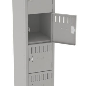 A gray metal locker with a tall, narrow frame featuring six compartments. Two doors are open, revealing empty interior spaces. Each compartment has ventilation slits and a circular lock mechanism. The locker stands on four sturdy legs.