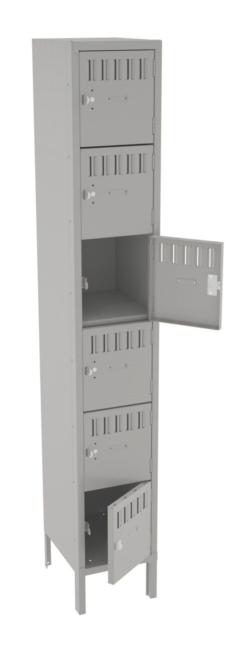 cfnkbyf45c4indmbxlqt.jpg A gray metal locker with a tall, narrow frame featuring six compartments. Two doors are open, revealing empty interior spaces. Each compartment has ventilation slits and a circular lock mechanism. The locker stands on four sturdy legs.