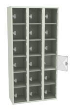 Three-column metal locker with twelve compartments, each secured by a small square door with a handle. One door is open, revealing an empty interior. The locker is light gray in color.