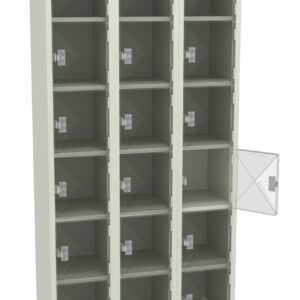 Three-column metal locker with twelve compartments, each secured by a small square door with a handle. One door is open, revealing an empty interior. The locker is light gray in color.