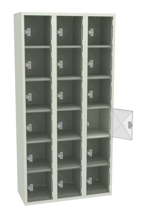 cfshay57zpgnjom1dgot.jpg Three-column metal locker with twelve compartments, each secured by a small square door with a handle. One door is open, revealing an empty interior. The locker is light gray in color.