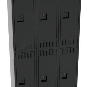 A set of six dark gray lockers arranged in two rows and three columns. Each locker has a vent and a lock mechanism. The lockers have a simple, industrial design suitable for schools or workplaces.
