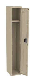 Tall beige metal locker with an open door showing interior shelves and a hanging rod. The locker has a vented design on the door and a lock mechanism.