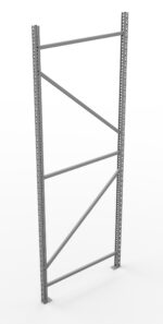 Metal shelving frame with two vertical supports and horizontal and diagonal crossbars. It has a minimalist design and holes along the sides for adjustable shelving. The frame is set against a plain white background.