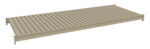 A beige, rectangular metal shelf with vertical grooves. It has a slightly elevated edge on all sides and connectors at each corner for mounting. The shelf is designed for storage and organization.