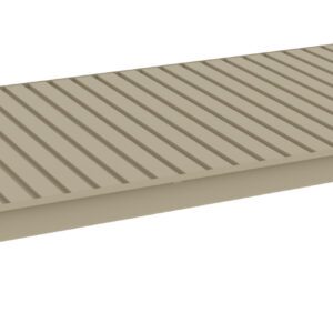 A beige, rectangular metal shelf with vertical grooves. It has a slightly elevated edge on all sides and connectors at each corner for mounting. The shelf is designed for storage and organization.