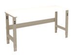 A beige adjustable-height workbench with a plain white top, featuring sturdy metal legs and a horizontal support bar underneath. The bench is positioned on a plain white background.