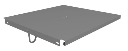 A gray, flat rectangular metal panel with a small handle and a few holes on its surface. The panel has two holes on the side and appears to be part of an industrial or mechanical component.