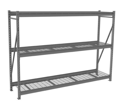 cgbfffnai8oqcrblivyy.jpg A large, industrial metal shelving unit with three levels. The shelves are made of a grid-like mesh surface, supported by sturdy metal beams. The structure is gray and designed for heavy-duty storage use in warehouses or garages.