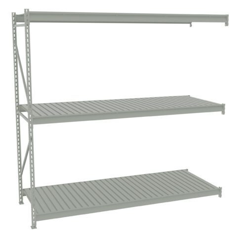 A grey metal shelving unit with three slatted shelves, positioned against a white background. The shelves are evenly spaced and the unit appears sturdy, intended for storage purposes.
