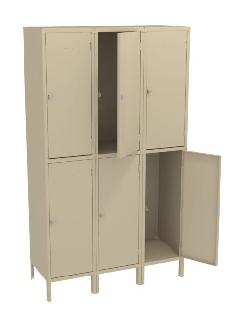 A beige-colored metal locker unit with six compartments arranged in two rows. Two of the lockers have their doors open, revealing empty interiors. Each door has a handle and a keyhole. The unit stands on short legs.