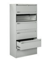 Tall gray metal filing cabinet with five drawers. The second drawer from the top is open, revealing file hangers. The bottom drawer is slightly open. The cabinet has a minimalist design and appears to be used for office storage.