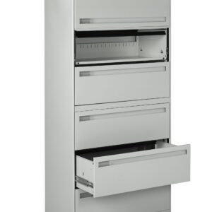 Tall gray metal filing cabinet with five drawers. The second drawer from the top is open, revealing file hangers. The bottom drawer is slightly open. The cabinet has a minimalist design and appears to be used for office storage.