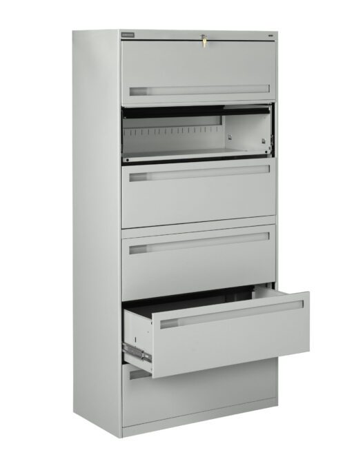 Tall gray metal filing cabinet with five drawers. The second drawer from the top is open, revealing file hangers. The bottom drawer is slightly open. The cabinet has a minimalist design and appears to be used for office storage.