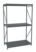 A sturdy gray metal shelving unit with three shelves and a simple frame design, intended for industrial or garage storage.