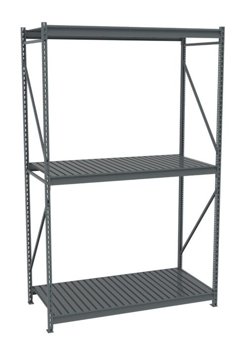 A sturdy gray metal shelving unit with three shelves and a simple frame design, intended for industrial or garage storage.