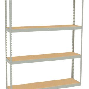 A large, metal storage shelf with four levels and a minimalist design. The frame is a light gray color, and the shelves have a wooden finish. It is freestanding with no visible items or decorations on the shelves.