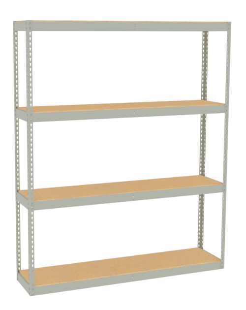 A large, metal storage shelf with four levels and a minimalist design. The frame is a light gray color, and the shelves have a wooden finish. It is freestanding with no visible items or decorations on the shelves.