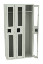 Three light gray metal lockers are shown. Each has a glass panel door. The rightmost locker door is open, revealing a shelf, hanging rod, and hooks inside. The lockers have black handles with keyholes.