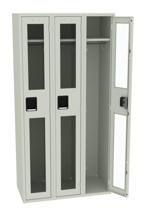 Three light gray metal lockers are shown. Each has a glass panel door. The rightmost locker door is open, revealing a shelf, hanging rod, and hooks inside. The lockers have black handles with keyholes.