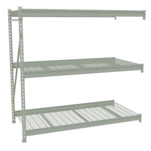 A metal shelving unit with three wire shelves and vertical support beams. The shelving is light gray, designed for heavy-duty storage, and has a minimalistic open design.