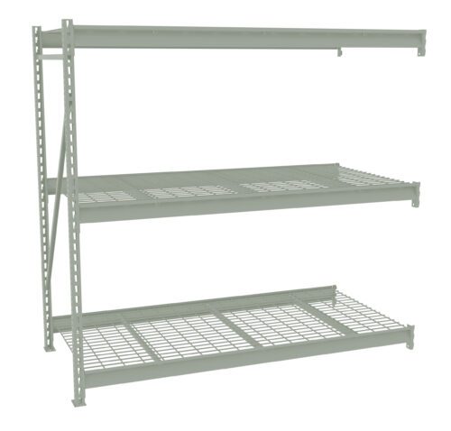 A metal shelving unit with three wire shelves and vertical support beams. The shelving is light gray, designed for heavy-duty storage, and has a minimalistic open design.