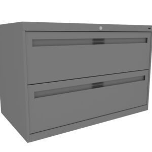 A gray metal filing cabinet with two wide drawers, each featuring a long horizontal handle. The cabinet has a lock mechanism above the top drawer. It is positioned on a plain white background.
