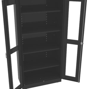 A tall black cabinet with glass doors open outward, revealing five evenly spaced shelves inside. The design is modern and minimalistic, suitable for displaying or storing items.