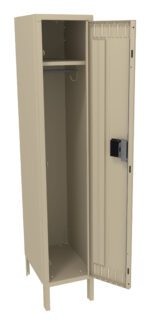 A beige metal locker stands open, revealing an empty interior with a single shelf and a hanging rod. The locker door is ajar, featuring ventilation slots and a lock mechanism. The design is simple and functional.