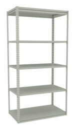 A metal shelving unit with five empty shelves. The shelves are evenly spaced and supported by a sturdy frame, suitable for storage or organizing items. The unit is light gray and has a simple, industrial design.