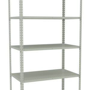 A metal shelving unit with five empty shelves. The shelves are evenly spaced and supported by a sturdy frame, suitable for storage or organizing items. The unit is light gray and has a simple, industrial design.