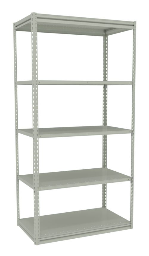 chknqgpadirjmhlfkzlq.jpg A metal shelving unit with five empty shelves. The shelves are evenly spaced and supported by a sturdy frame, suitable for storage or organizing items. The unit is light gray and has a simple, industrial design.