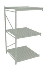 A three-tiered, metal shelving unit with a light gray finish. The shelves appear sturdy with slatted surfaces, supported by vertical bars and diagonal braces on the sides. The structure is freestanding and designed for storage.