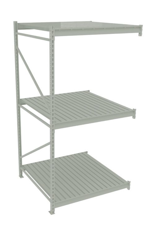 chlneebmbahqrckjmimv.jpg A three-tiered, metal shelving unit with a light gray finish. The shelves appear sturdy with slatted surfaces, supported by vertical bars and diagonal braces on the sides. The structure is freestanding and designed for storage.