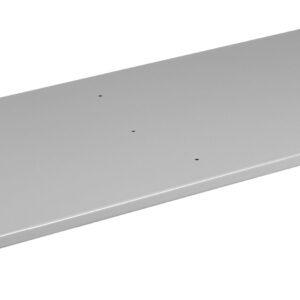 A rectangular, light gray, flat metal shelf panel with smooth edges. It has small holes for mounting and is positioned at a slight angle against a white background.