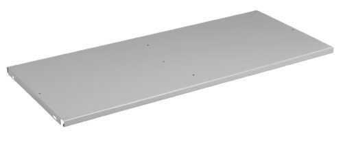chplrrmklilgtpkmnhk5.jpg A rectangular, light gray, flat metal shelf panel with smooth edges. It has small holes for mounting and is positioned at a slight angle against a white background.