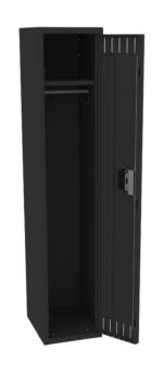 Open black metal locker with one upper shelf, a hanging rod, and a partially open door. The locker has a lock on the door and is positioned against a plain background.