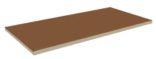 ci0igpttbmbnbfuhe67w.jpg A rectangular, brown shelf board with a beige edge, isolated on a white background.