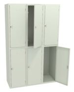 White, six-compartment locker unit with metal doors. Two doors are open, revealing empty storage spaces. The locker has a simple and sleek design, suitable for schools, gyms, or workplaces.