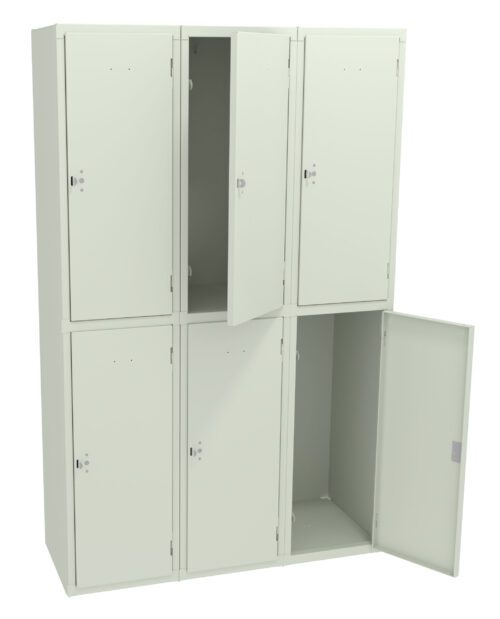 White, six-compartment locker unit with metal doors. Two doors are open, revealing empty storage spaces. The locker has a simple and sleek design, suitable for schools, gyms, or workplaces.