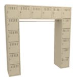 A beige, U-shaped locker unit with small square lockers forming the top and two columns of narrow rectangular lockers on each side. Each locker has a small handle and ventilation slits.