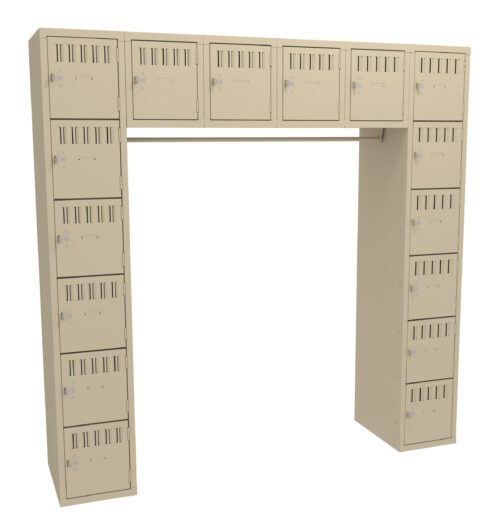 A beige, U-shaped locker unit with small square lockers forming the top and two columns of narrow rectangular lockers on each side. Each locker has a small handle and ventilation slits.