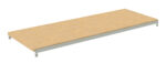 A rectangular wooden shelf with a light brown surface and attached to a metal frame. The frame has mounting holes for installation. The shelf is viewed from an angled perspective on a white background.
