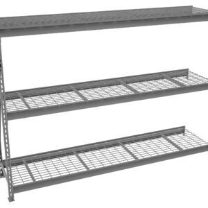Metal shelving unit with three wire-mesh shelves and a vertical support on one side. The shelves are evenly spaced and parallel to each other, suitable for organizing or storing various items. The unit is silver-gray in color.