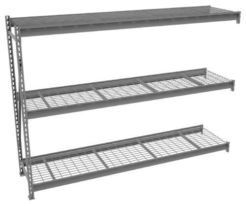 Metal shelving unit with three wire-mesh shelves and a vertical support on one side. The shelves are evenly spaced and parallel to each other, suitable for organizing or storing various items. The unit is silver-gray in color.