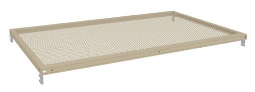 A rectangular, beige, perforated metal shelf with a grid pattern. It has hooks on each end for attachment. The design allows for ventilation and drainage, typically used in industrial or storage settings.