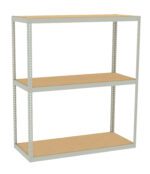 A three-tier metal shelving unit with wooden shelves, standing against a plain white background. The structure is simple and designed for storage or organization purposes.