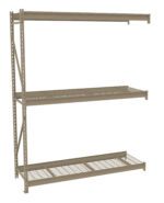 A beige metal shelving unit with three open wire shelves is shown. The structure has a simple, industrial design with vertical supports and horizontal beams. Its empty and set against a plain white background.